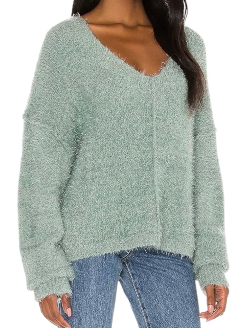 Free People Women's Green Spring Dust Icing Fuzzy V-Neck Pullover Sweater Size S - Picture 2 of 8